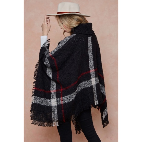 CLEARANCE Black Plaid Turtleneck Cape Poncho Knit Sweater - Picture 3 of 5